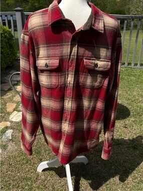 Orvis Fleece Lined Plaid Flannel Shirt Jacket XL Red Brown 100% Cotton